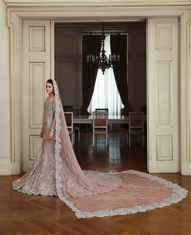 Elegant Pakistani Bridal Dress in Mermaid Lehenga Shirt Style