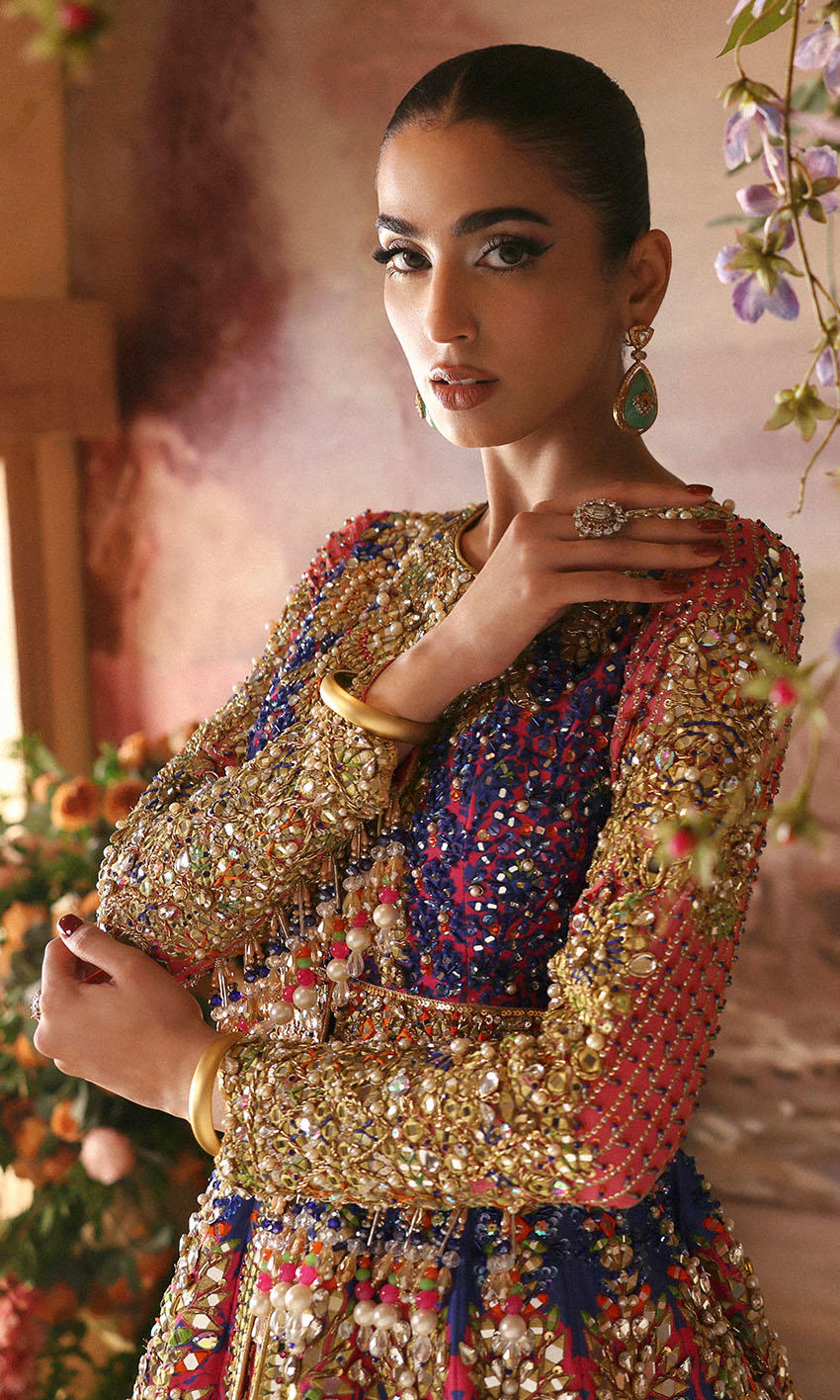 Elegant Pakistani Bridal Dress in Open Frock and Lehenga Style