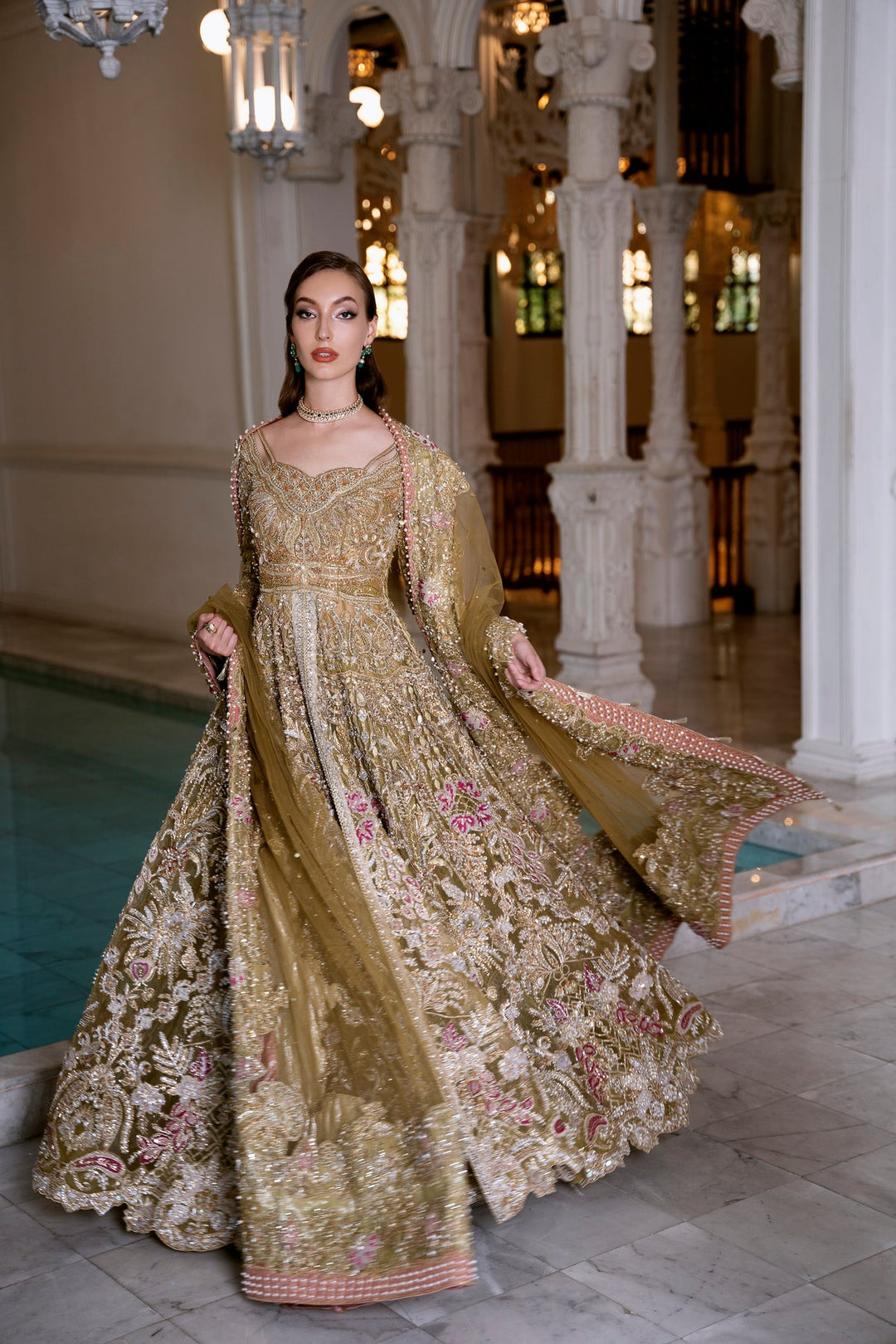 Pakistani Bridal Dress in Open Maxi and Lehenga Style – Nameera by Farooq