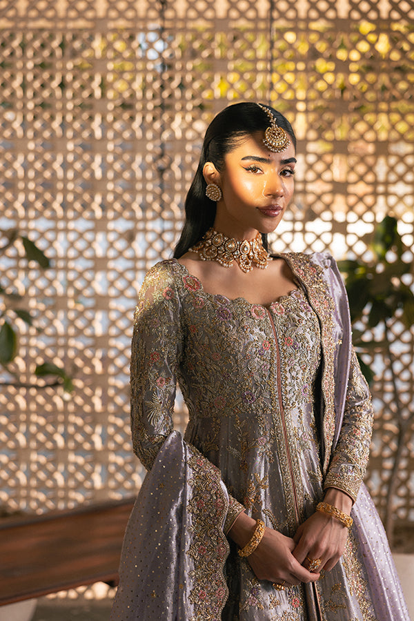 Elegant Pakistani Bridal Dress in Open Pishwas Lehenga Style