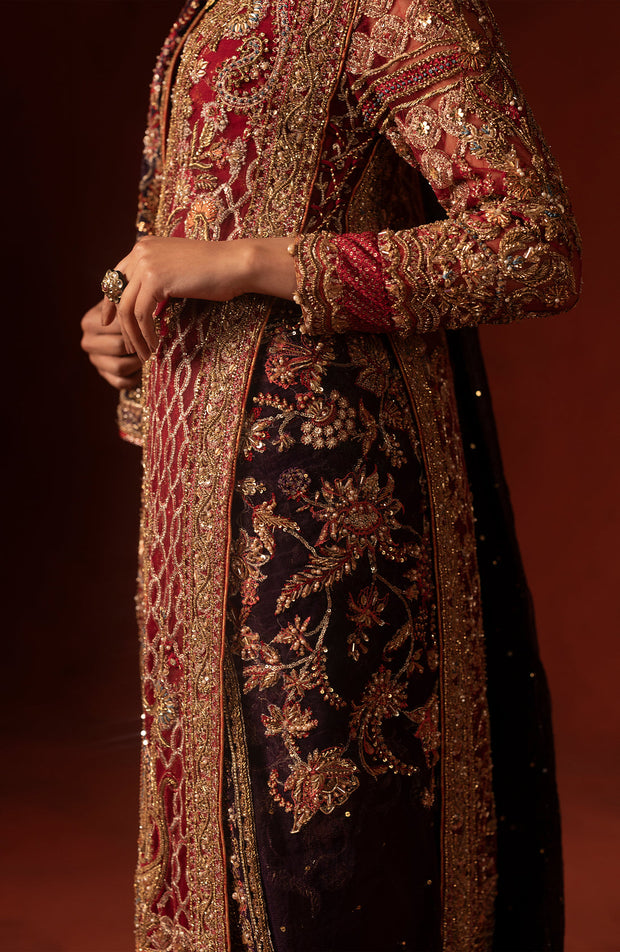 Elegant Pakistani Bridal Dress in Open Shirt Sharara Style