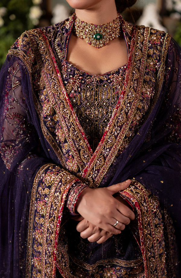 Elegant Pakistani Bridal Dress in Purple Lehenga Gown Style