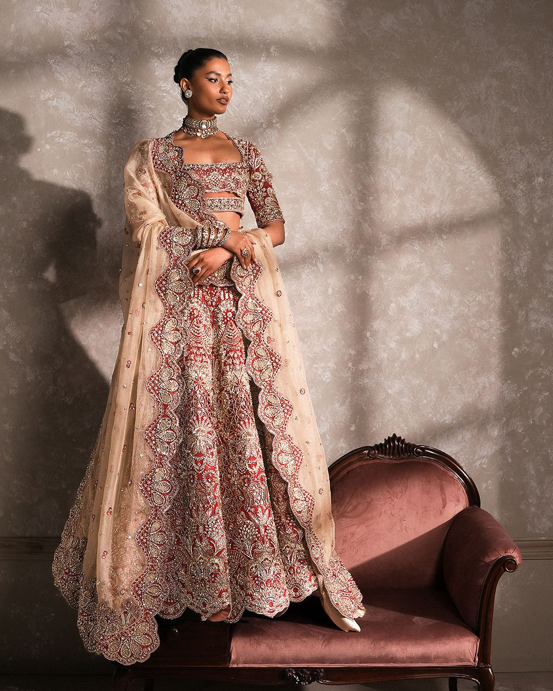 Elegant Pakistani Bridal Dress in Red Lehenga Dupatta Style