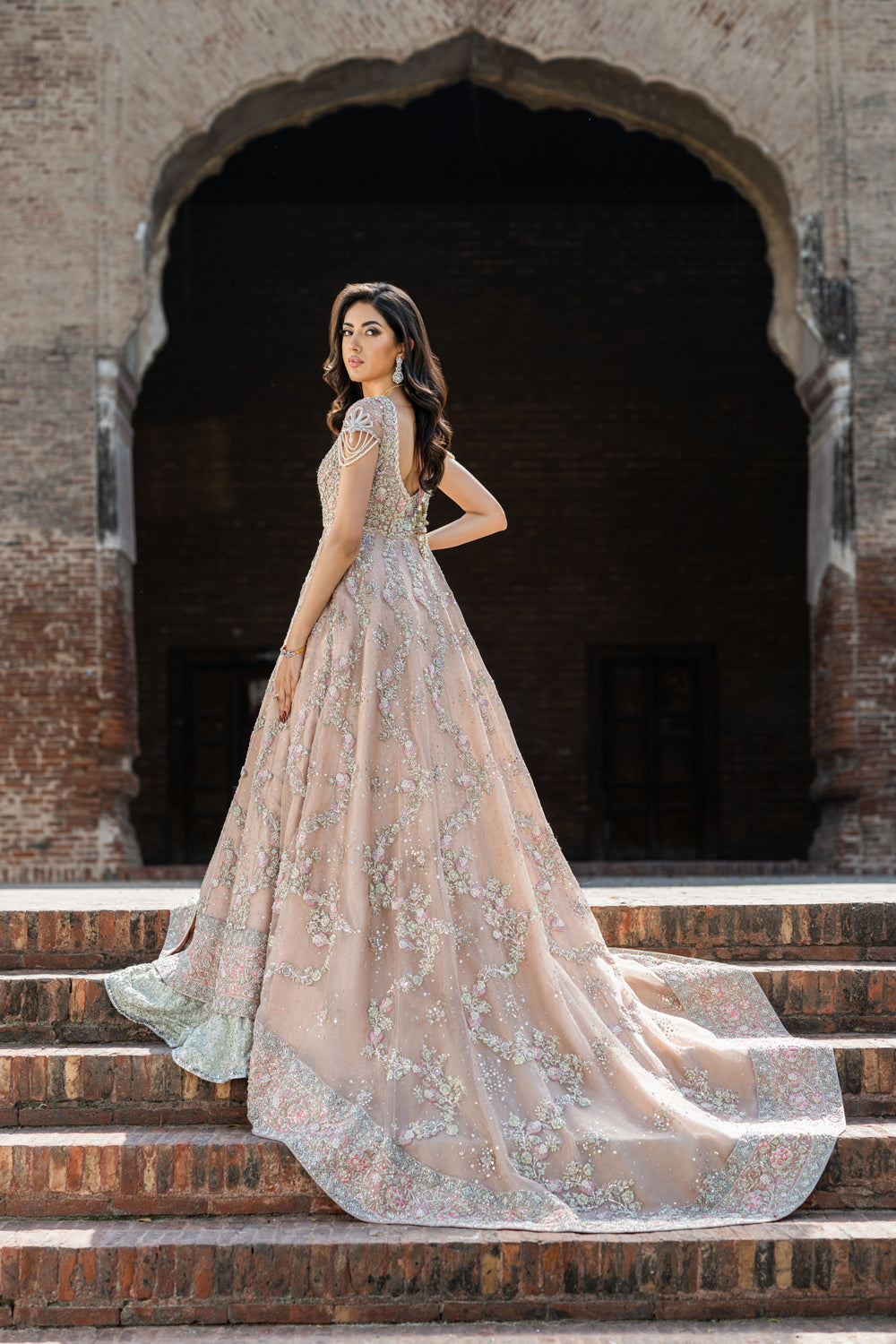 Elegant Pakistani Bridal Dress in Pink Gown & Lehenga Style