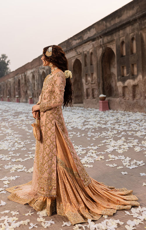 Elegant Pakistani Bridal Dress in Tea Pink Gharara Shirt Style