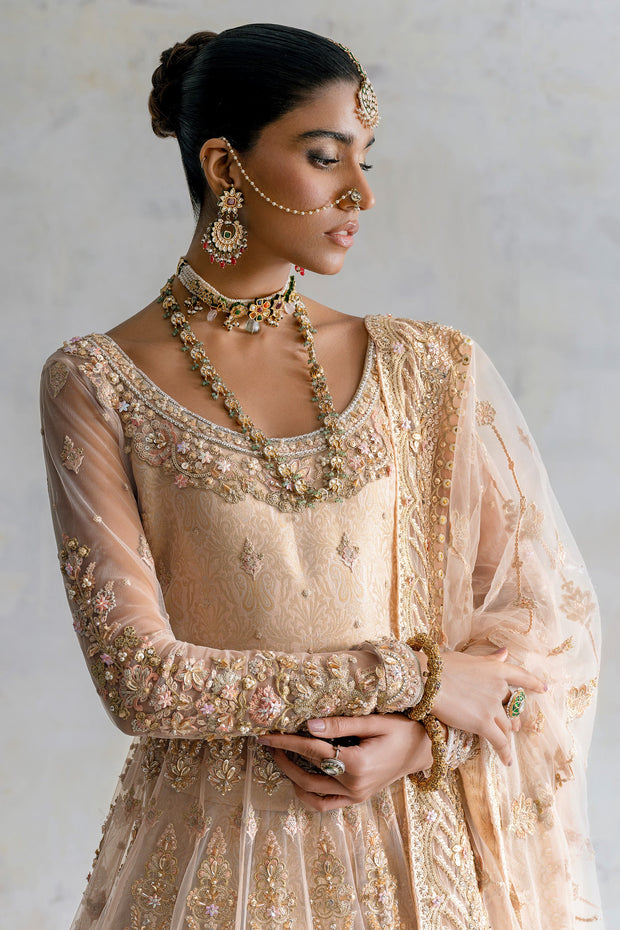 Elegant Pakistani Bridal Lehenga with Pishwas Frock and Dupatta