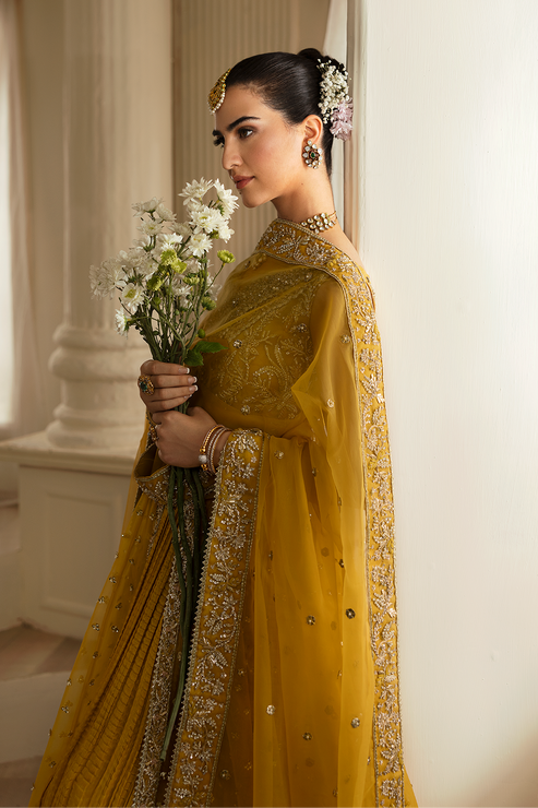 Elegant Pakistani Bridal Mehndi Dress in Pishwas Sharara Style