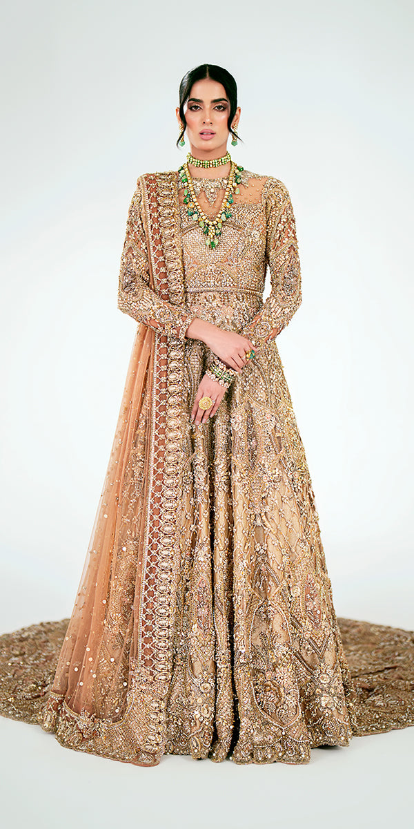 Elegant Pakistani Bridal Outfit in Long Tail Gown Dupatta Style