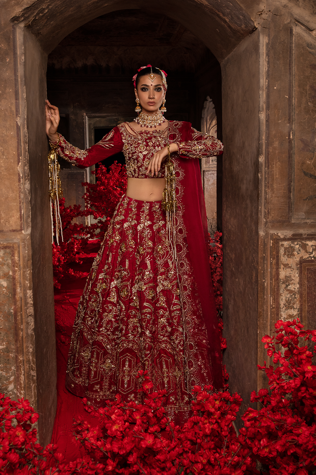 Elegant Pakistani Bridal Red Dress in Choli and Lehenga Style