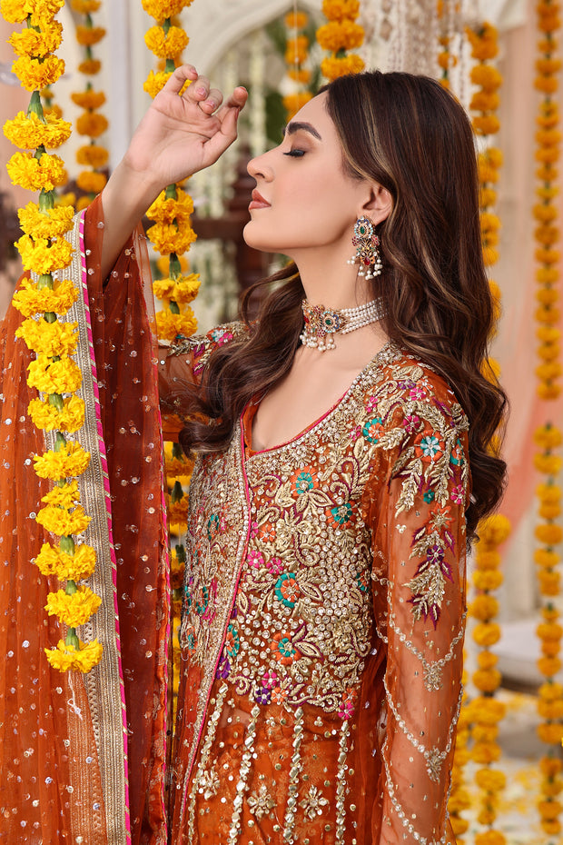 Elegant Pakistani Mehndi Dress in Angrakha and Lehenga Style