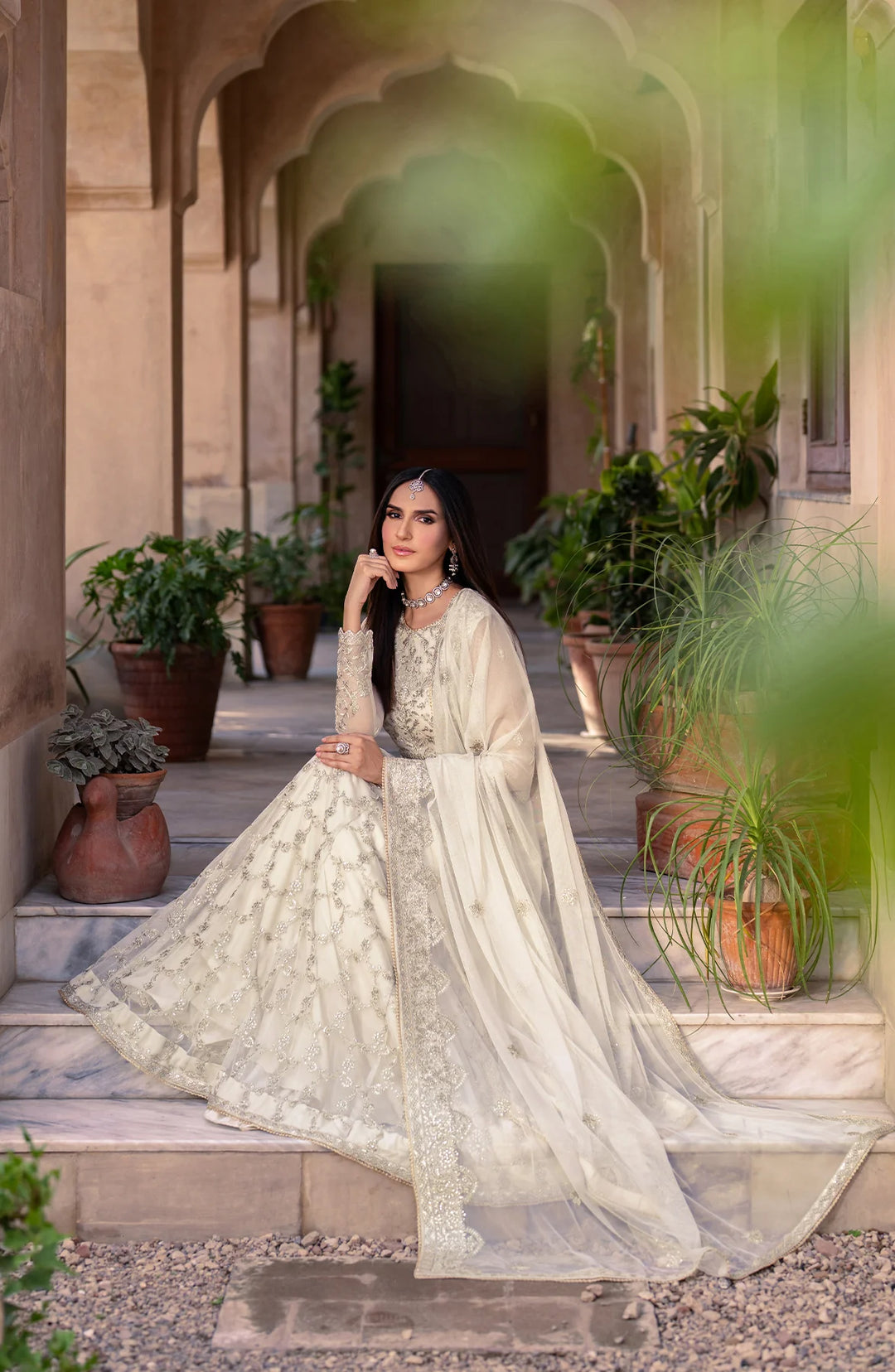 Elegant Pakistani Party Dress Frock in Off White Color