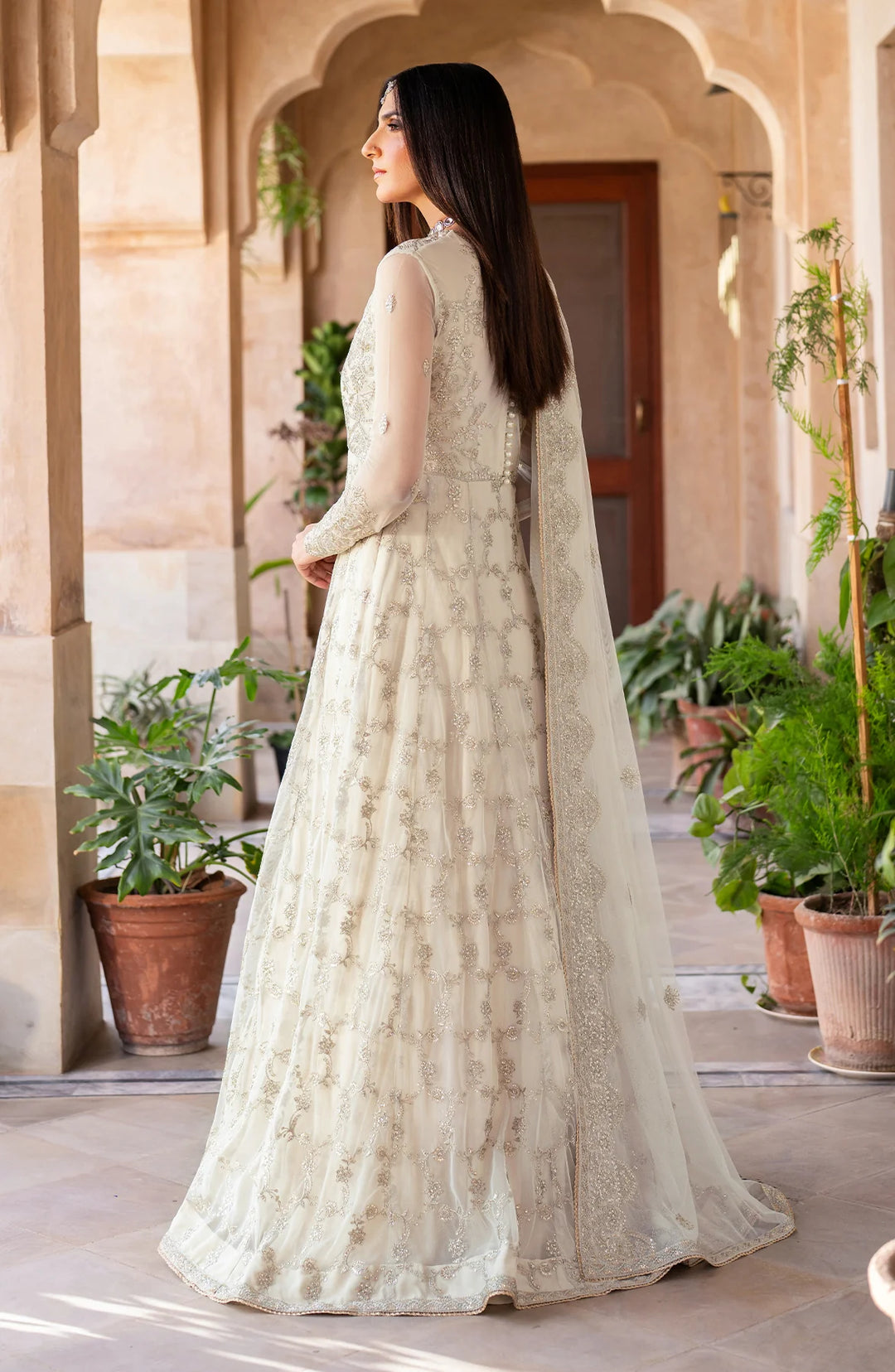Elegant Pakistani Party Dress Frock in Off White Color