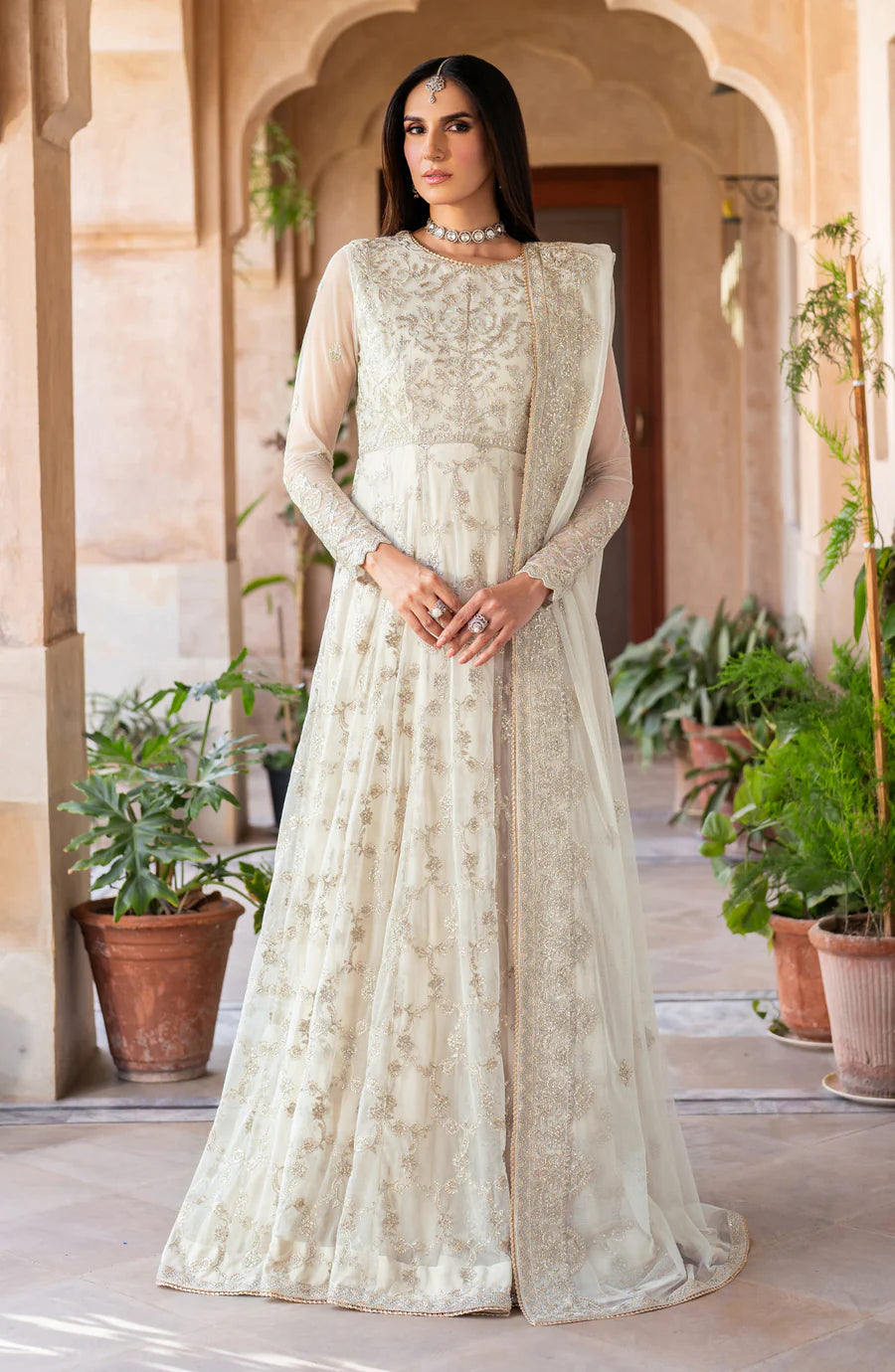 Elegant Pakistani Party Dress Frock in Off White Color