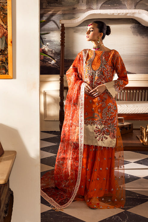 Elegant Pakistani Party Dress in Orange Kameez Sharara Style