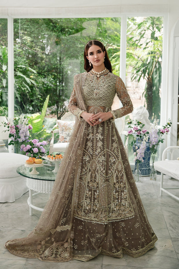 Elegant Pakistani Wedding Dress Embroidered Olive Pishwas Style Frock