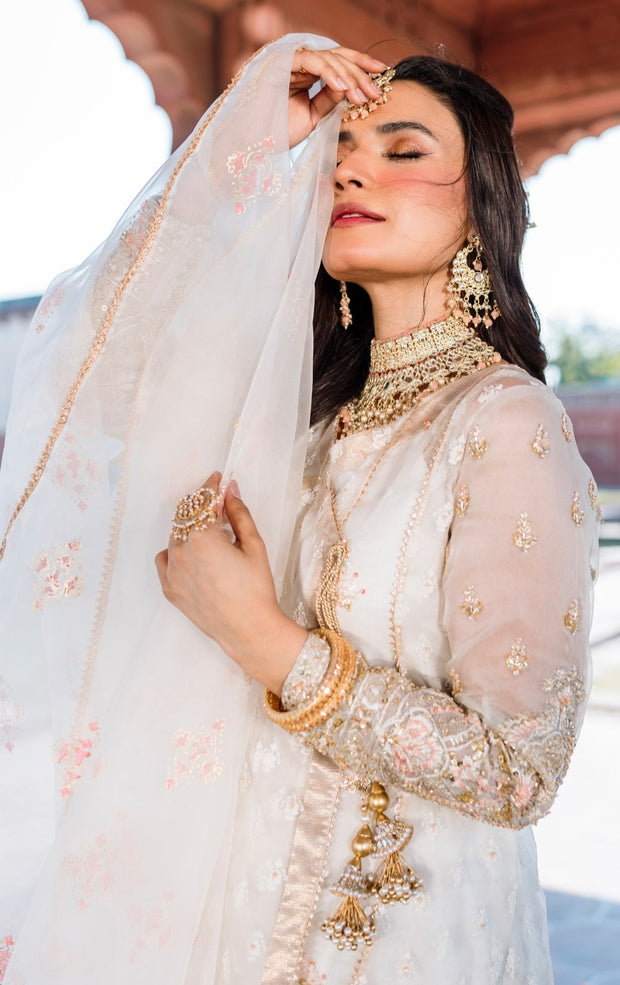 Elegant Pakistani Wedding Dress in Angrakha Frock Trouser Style