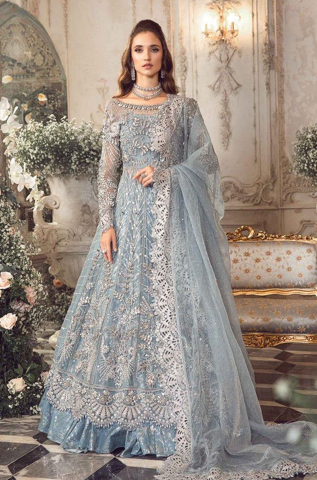 Elegant Pakistani Wedding Dress in Blue Lehenga Pishwas Style
