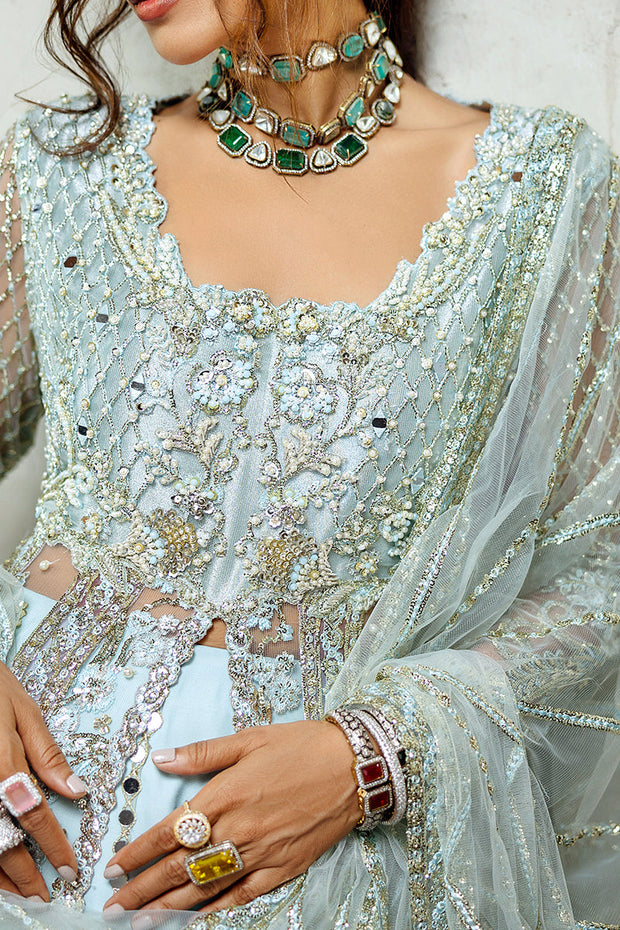 Elegant Pakistani Wedding Dress in Blue Open Gown Lehenga Style