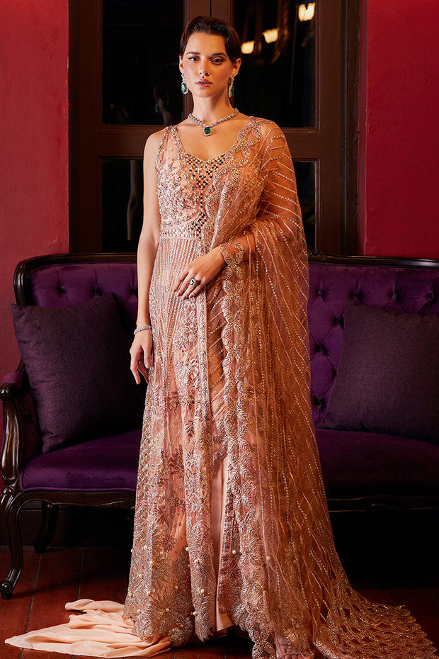 Elegant Pakistani Wedding Dress in Embroidered Peach Pishwas Style
