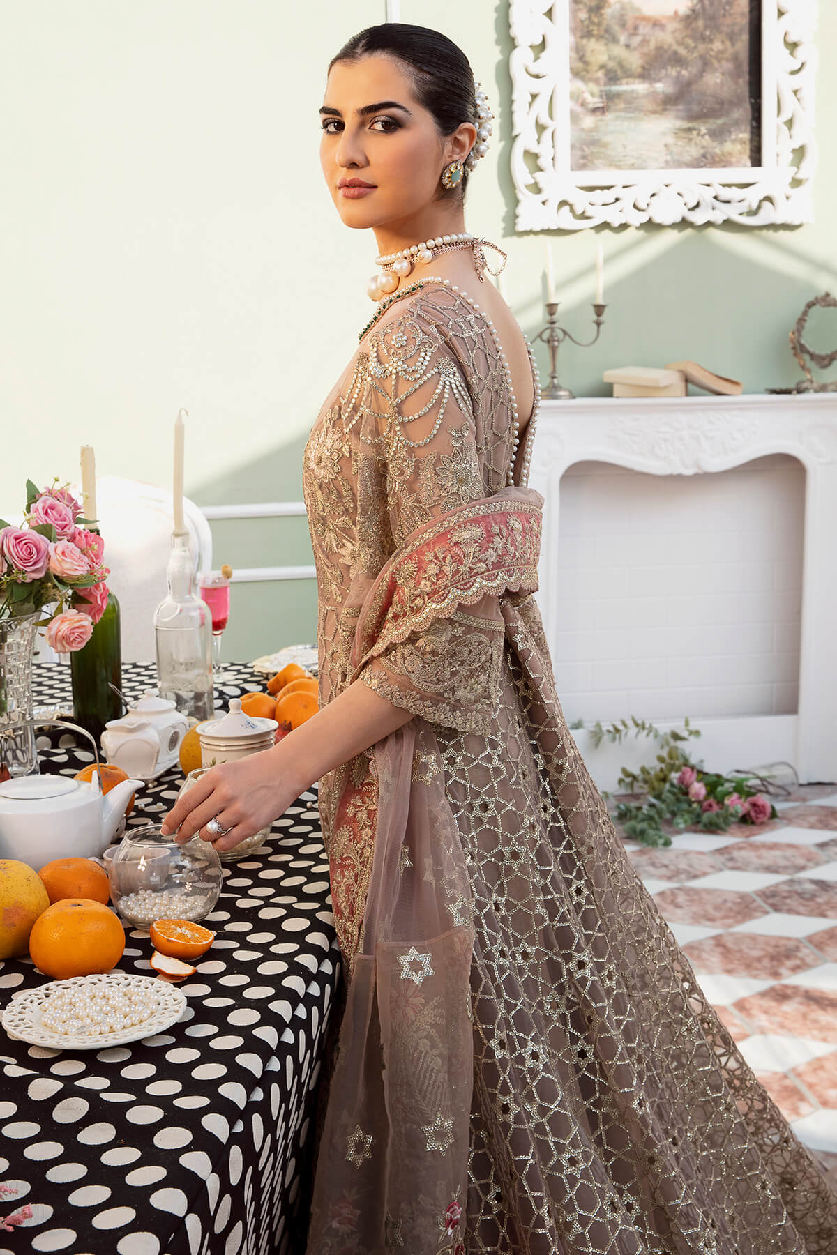 Pakistani Wedding Dress in Long Tail Pishwas Style – Nameera by Farooq