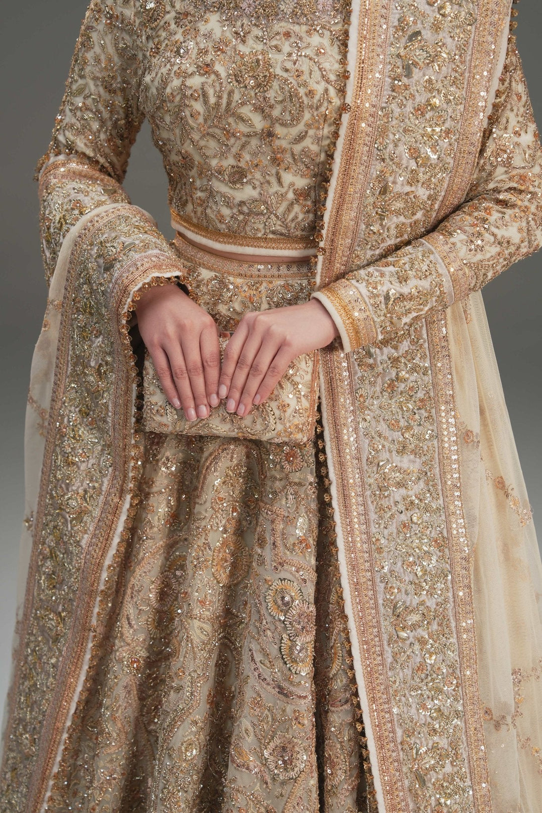 Elegant Pakistani Bridal Lehenga in Ivory Net Style