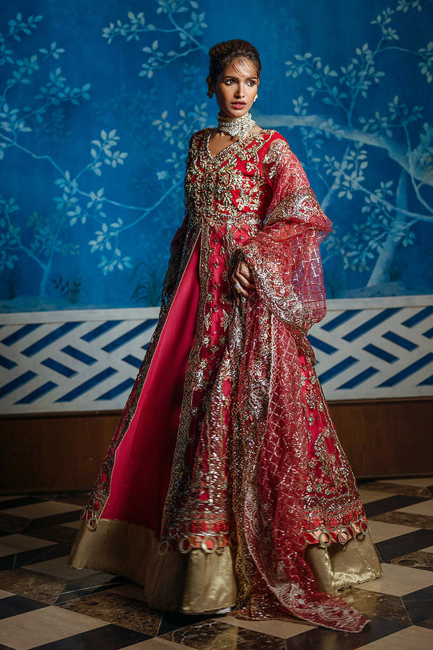 Elegant Pakistani Wedding Dress in Open Frock Lehenga Style