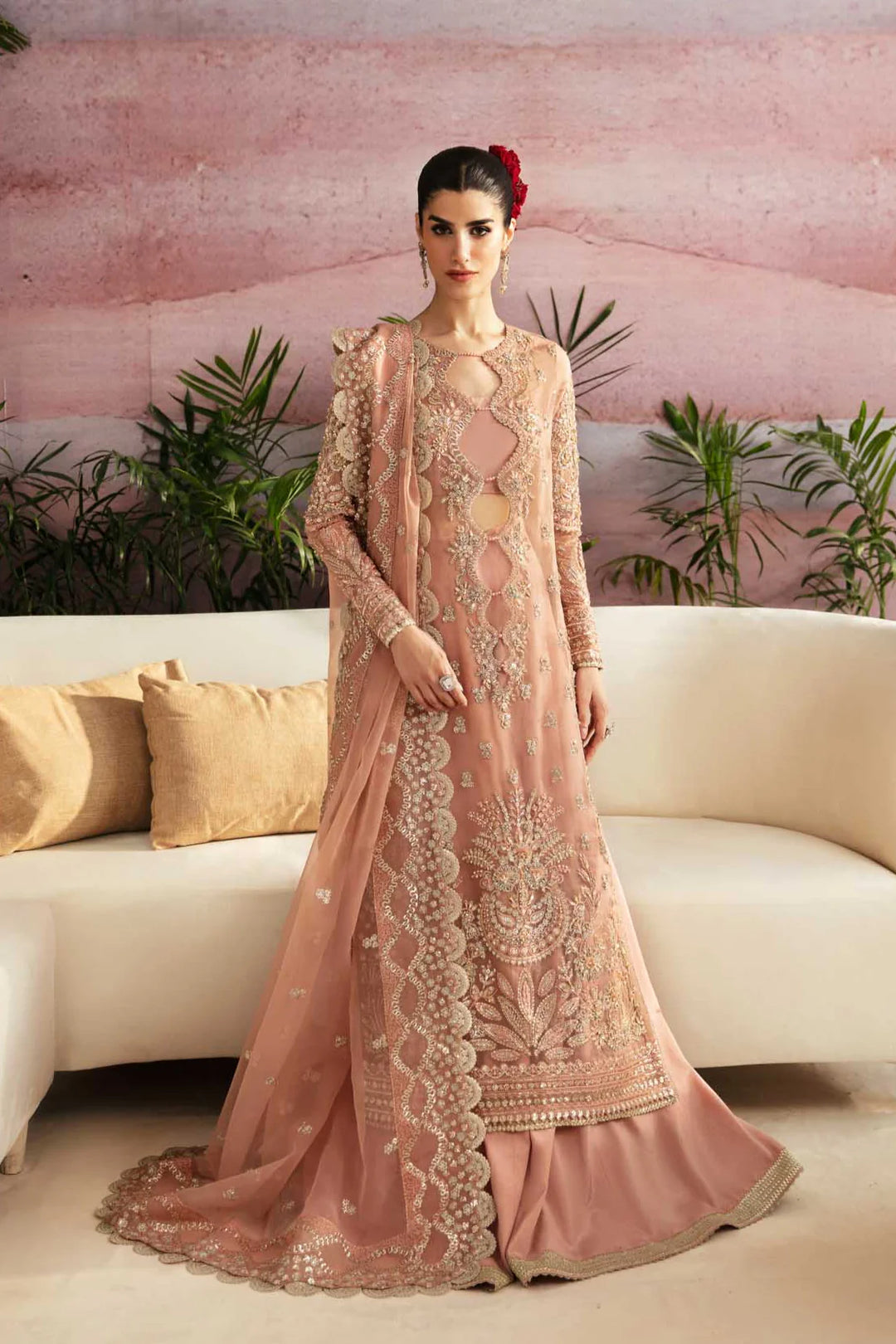 Elegant Pakistani Wedding Dress in Peach Color