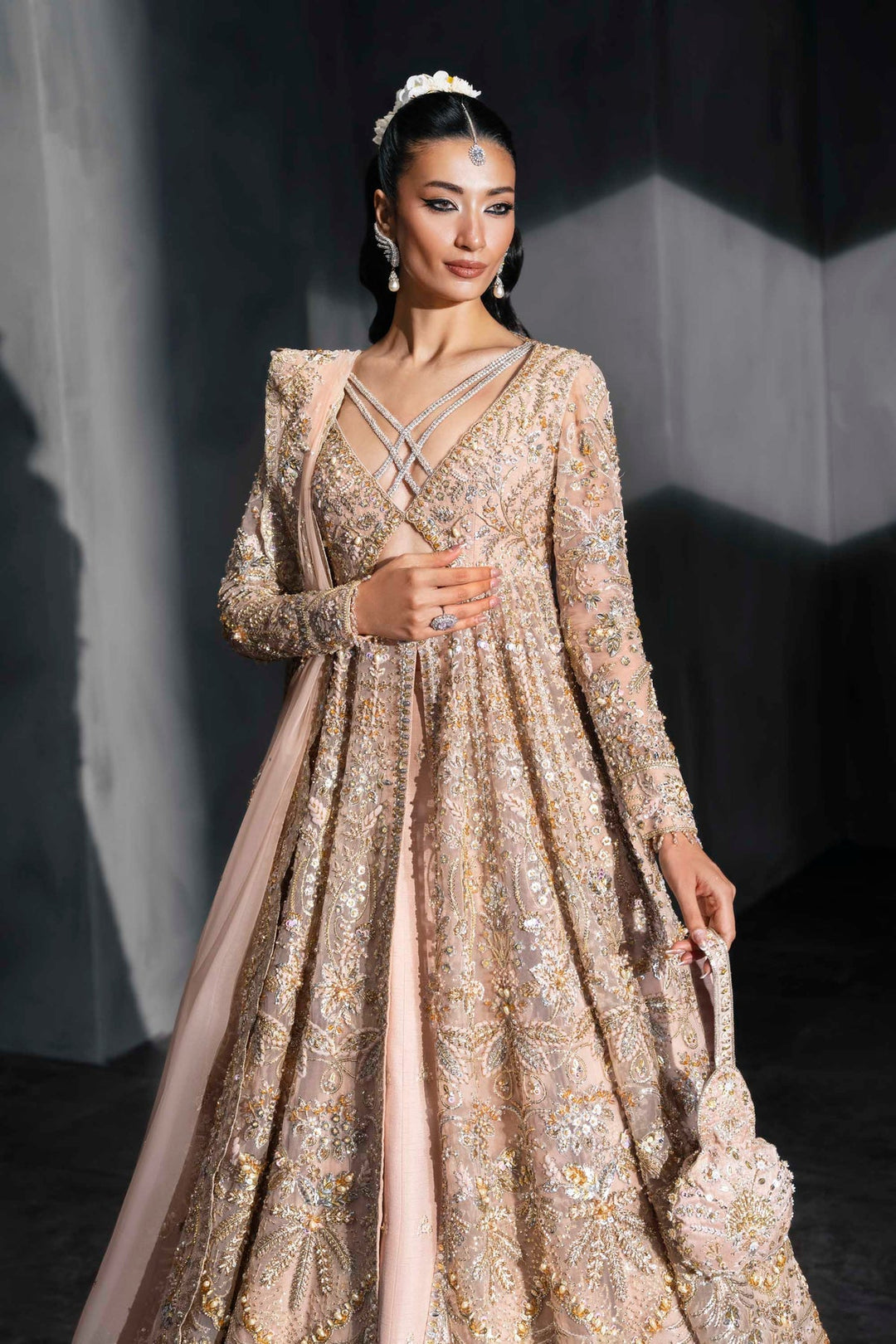 Stunning Pink Pakistani Bridal Dress in Gown Lehenga Style