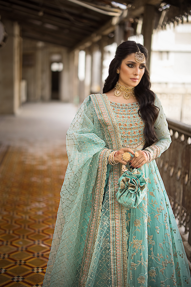 Elegant Pishwas Frock and Sharara Blue Pakistani Bridal Dress