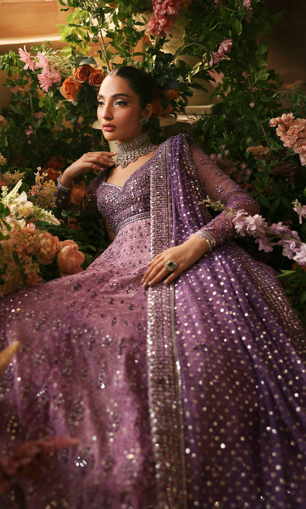 Elegant Purple Pishwas Frock Dupatta Pakistani Wedding Dress