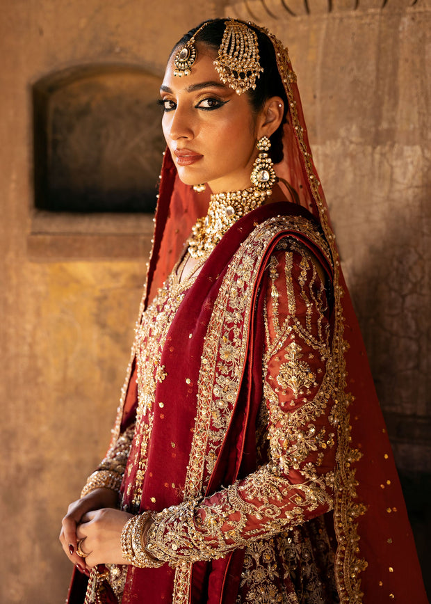 Elegant Red Pakistani Bridal Dress in Pishwas Lehenga Style