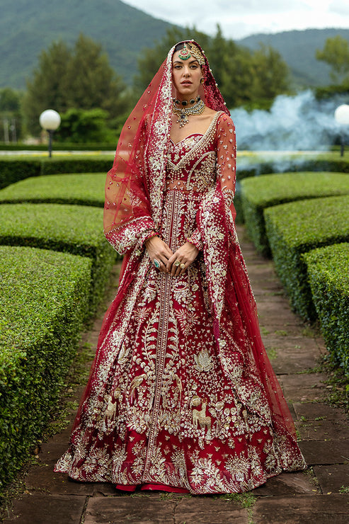 Elegant Red Pakistani Bridal Dress in Shirt and Lehenga Style