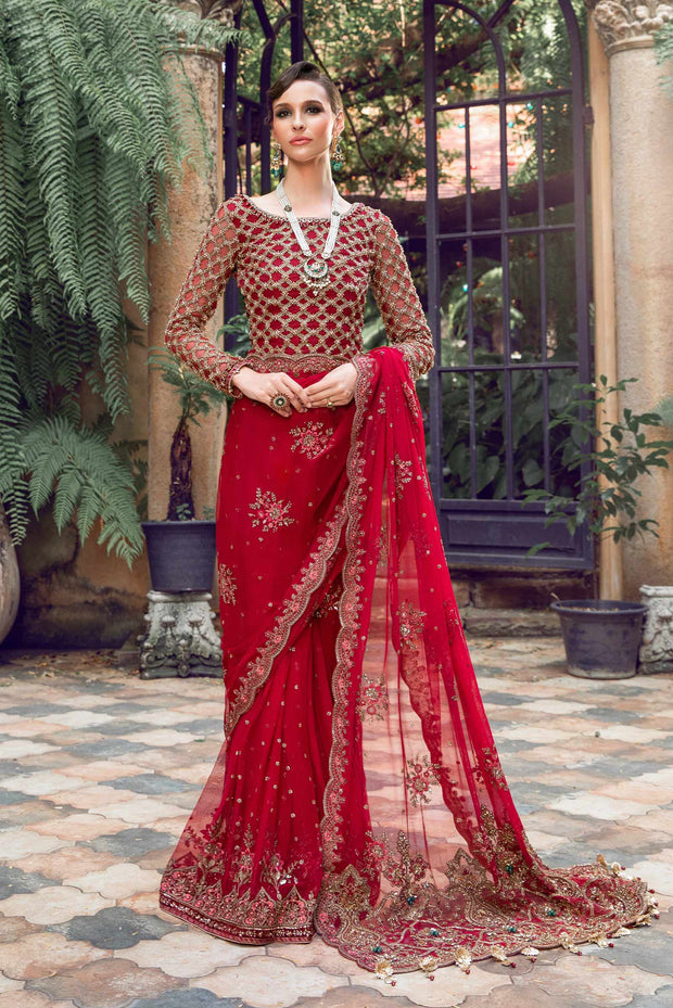 Elegant Red Pakistani Wedding Dress in Net Bridal Saree Style