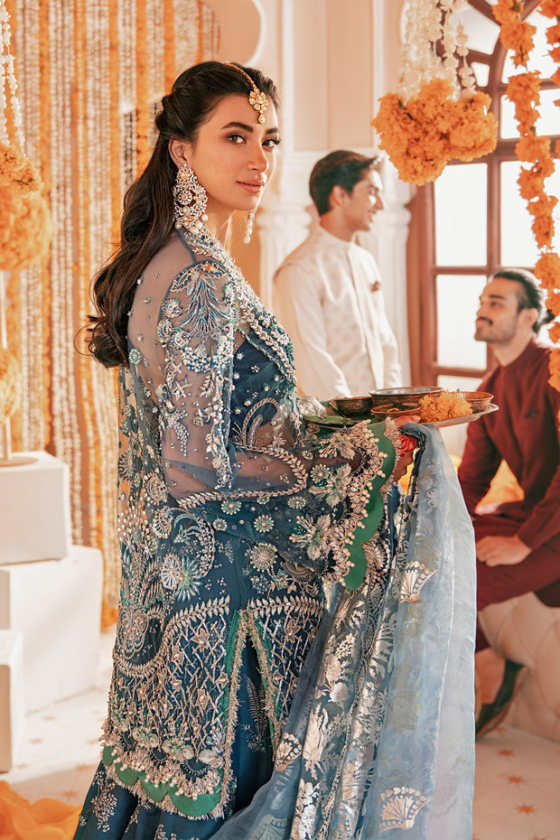 Elegant Sharara Kameez and Dupatta Blue Pakistani Wedding Dress