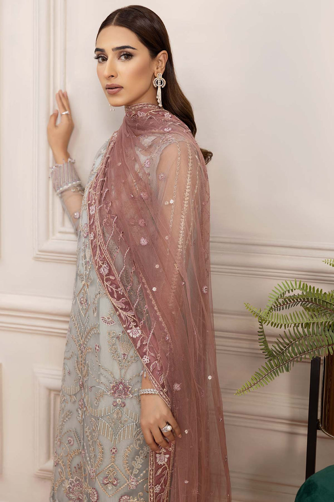 Elegant Silver Embroidered Pakistani Salwar Kameez Dupatta Suit