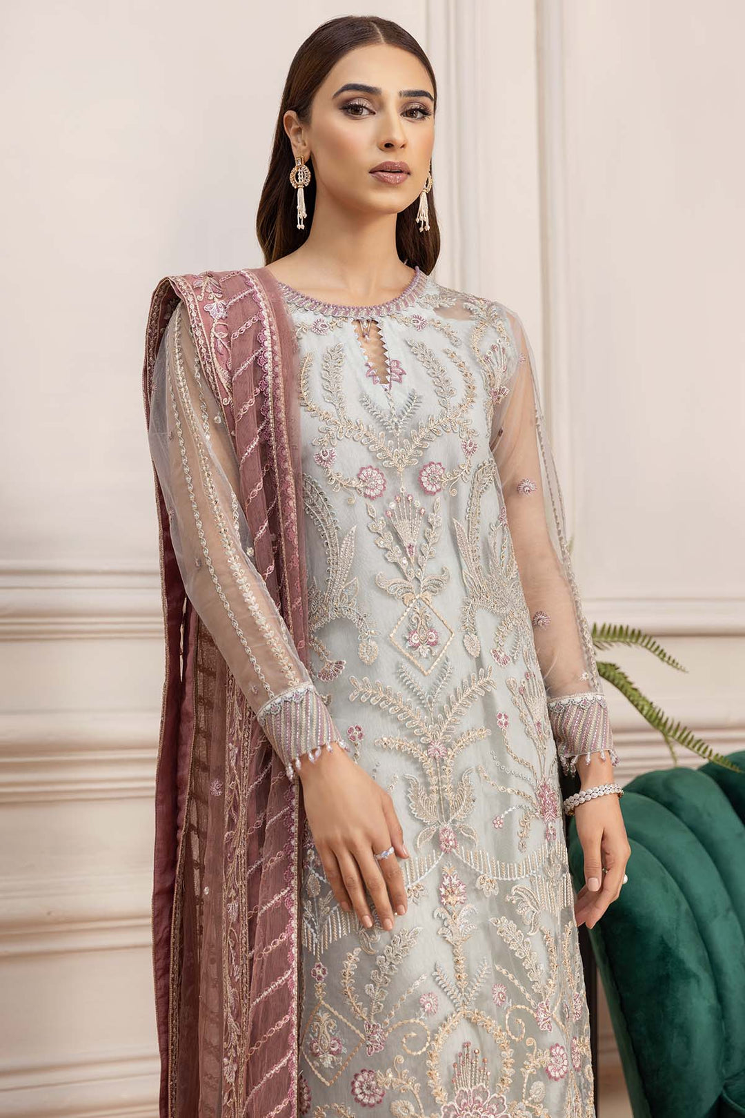 Elegant Silver Embroidered Pakistani Salwar Kameez Pastel Dupatta