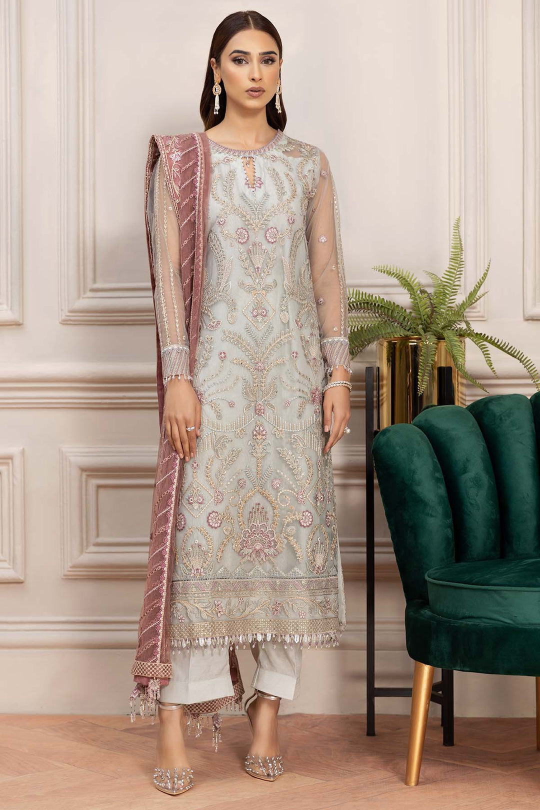 Elegant Silver Embroidered Pakistani Salwar Kameez Pastel Dupatta Suit