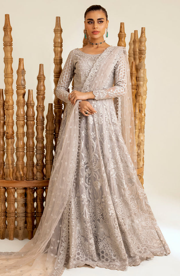 Elegant Silver Thorn Pakistani Wedding Dress Pishwas Frock Style