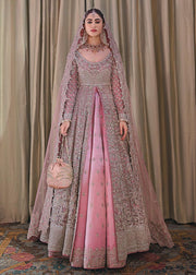 Elegant Tea Pink Pakistani Bridal Dress Gown Pishwas in Lehenga Style
