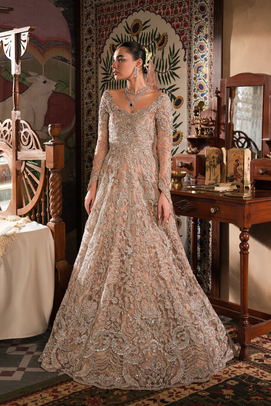 Elegant Blush Pink Embroidered Pakistani Bridal Dress Pishwas gown