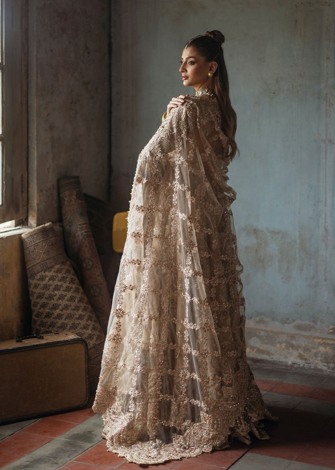 Elegant Golden Pakistani Bridal Dress in Gown Lehenga Style
