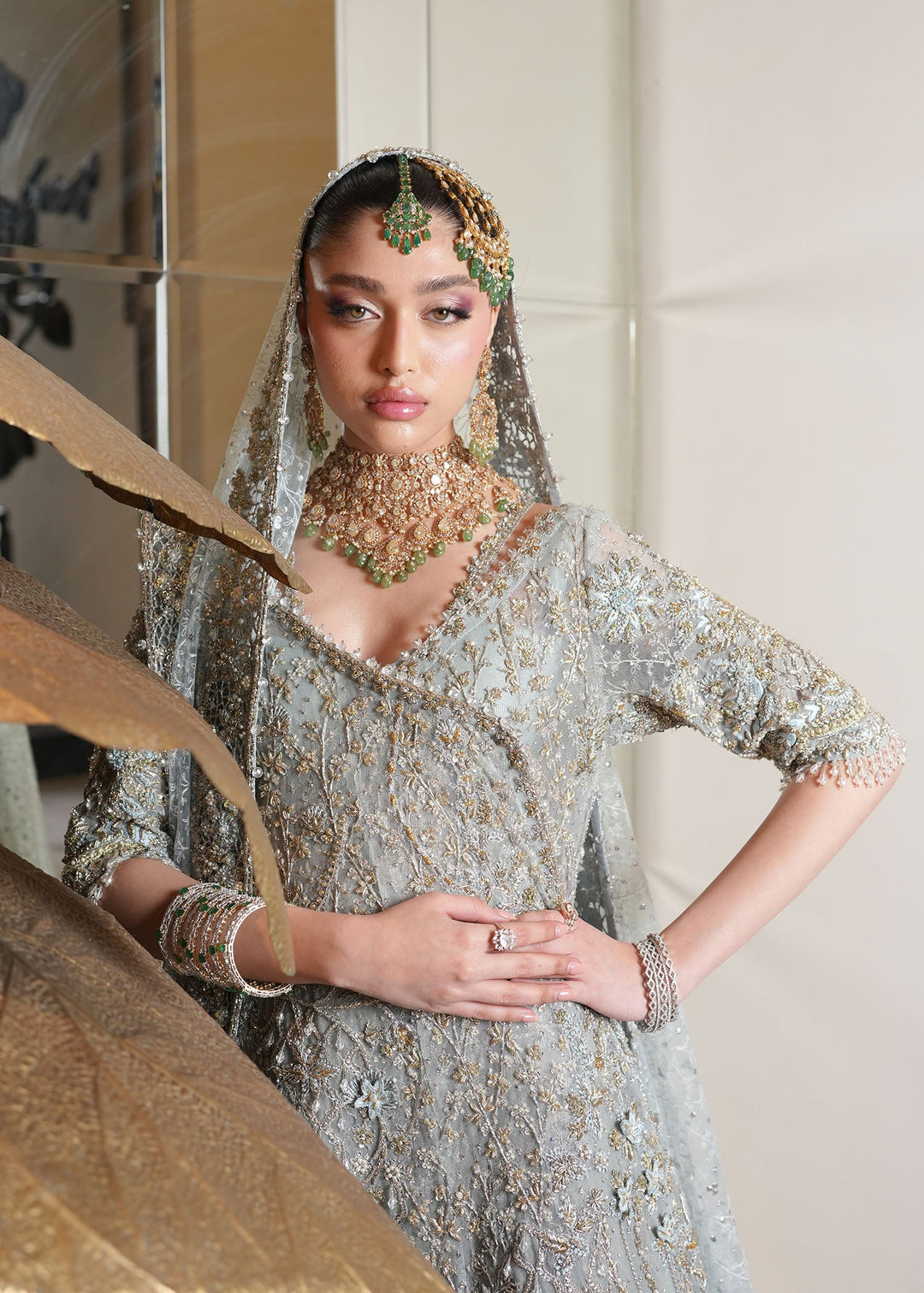 Elegant Pakistani Bridal Dress in Angrakha and Lehenga Style