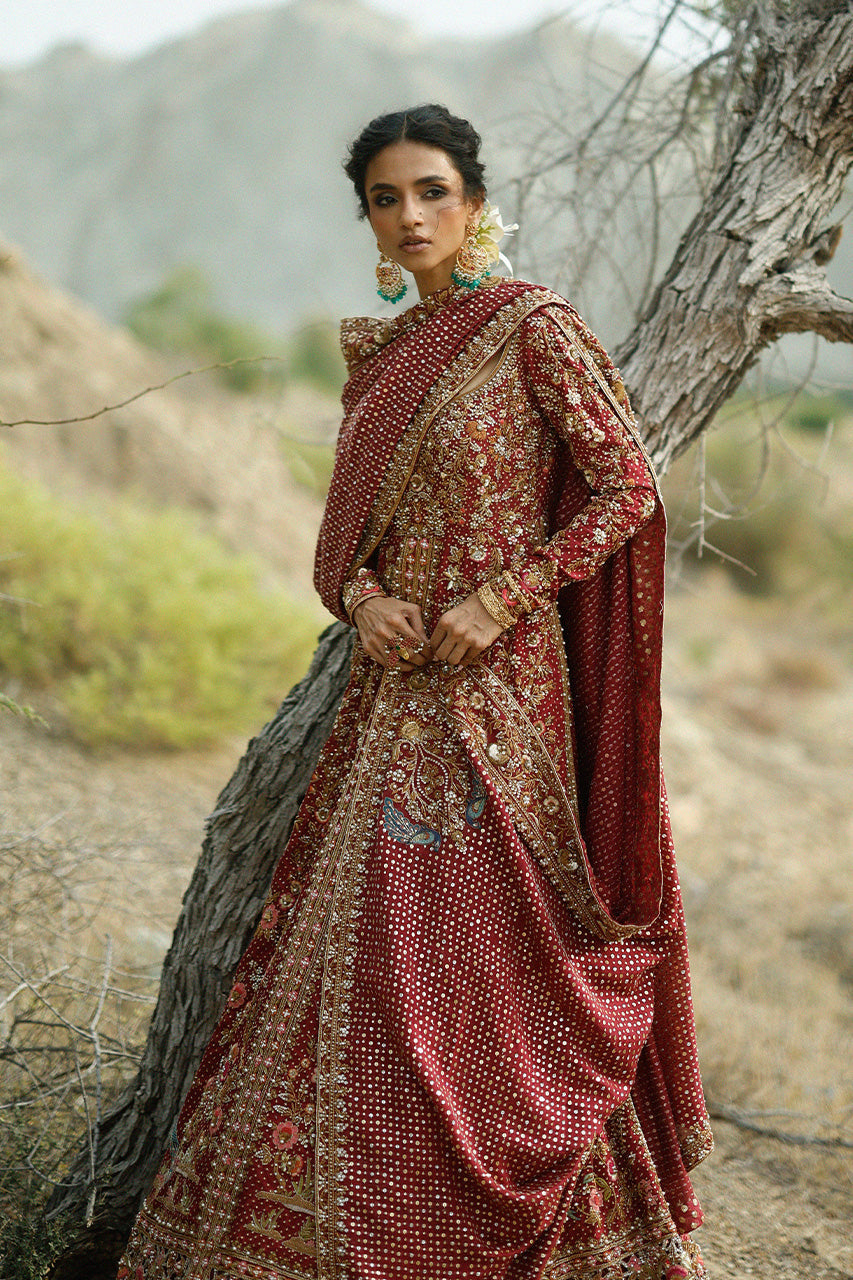 Elegant Pakistani Bridal Dress in Crimson Lehenga Pishwas Style