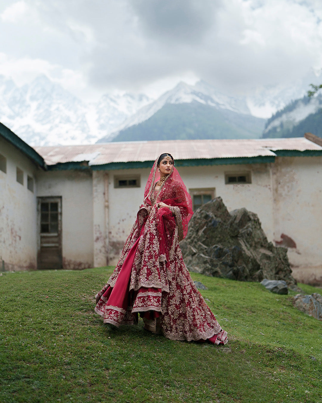 Elegant Pakistani Bridal Dress in Double Layered Pishwas Style