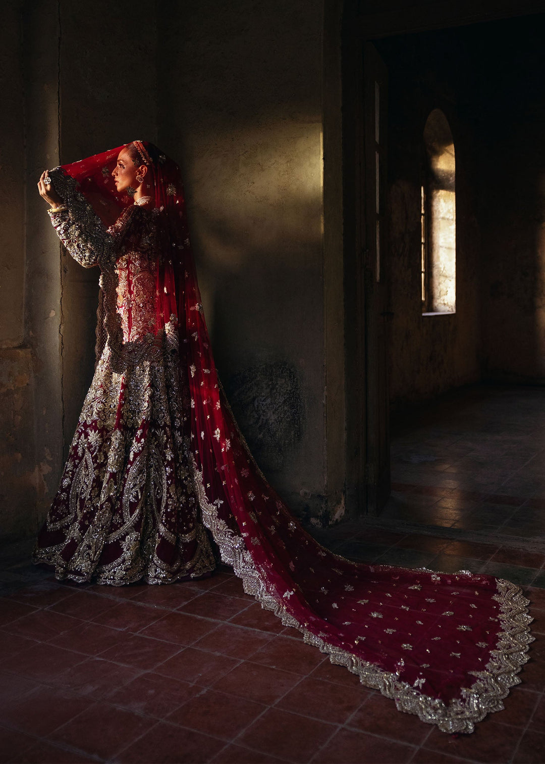 Elegant Pakistani Bridal Dress in Gown Lehenga Dupatta Style
