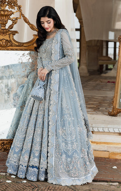 Elegant Pakistani Bridal Dress in Ice Blue Pishwas Lehnga Style