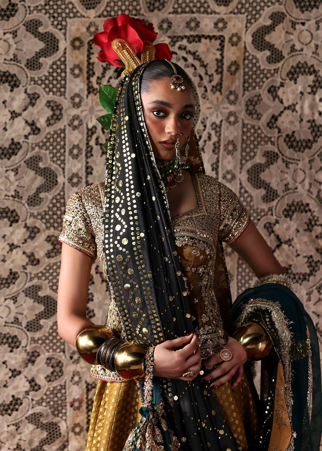 Elegant Pakistani Bridal Dress in Mustard Choli Lehenga Style