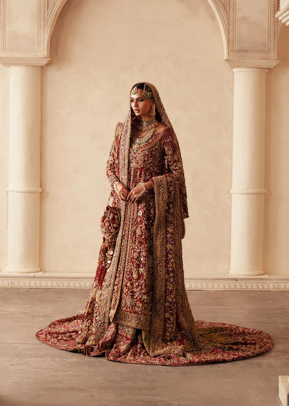 Elegant Pakistani Bridal Dress in Open Gown and Lehenga Style