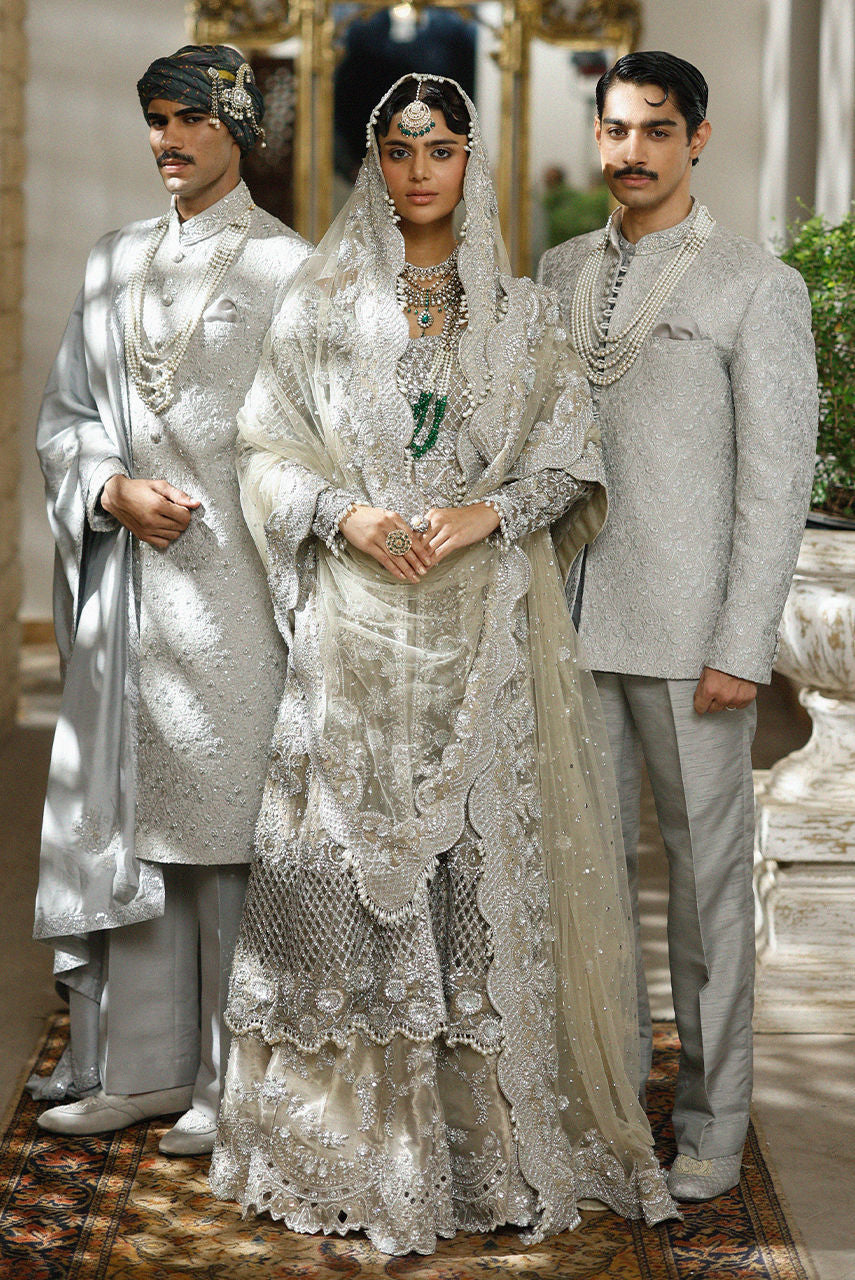 Elegant Pakistani Bridal Dress in Open Gown and Lehenga Style