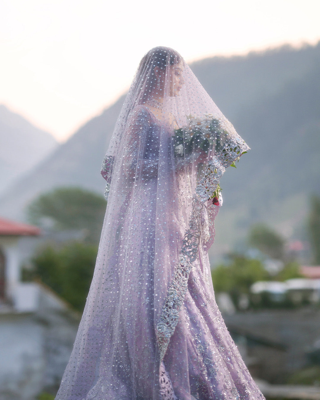 Elegant Pakistani Bridal Dress in Open Gown and Lehenga Style